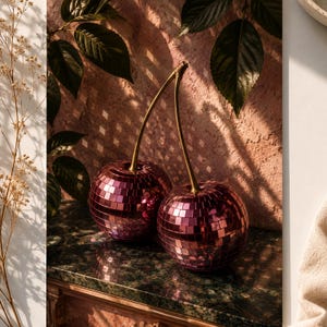 May include: Two decorative cherry sculptures with a disco ball effect. The cherries are a deep pink color and have gold stems. They sit on a green marble surface against a textured pink wall, with sunlight casting shadows.
