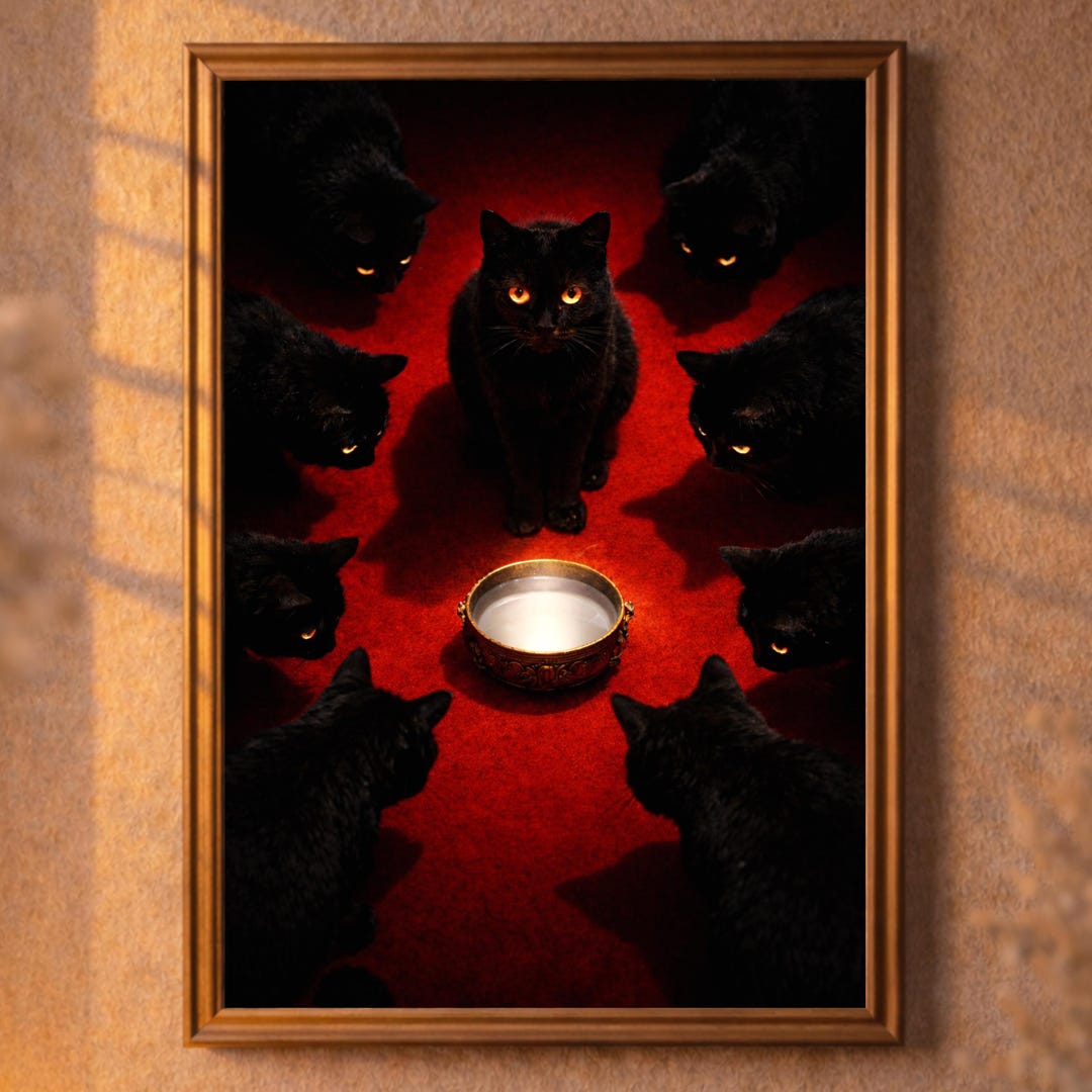 Black Cat Ritual Print, Surreal Cat Wall Art, Gothic Home Decor, Dark ...