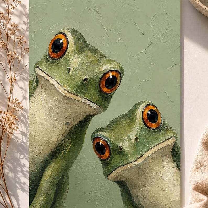 May include: An oil painting depicts two green frogs with large, expressive eyes. The frogs have a textured appearance, with visible brushstrokes. Their eyes are a striking combination of black and orange, set against a soft green background.