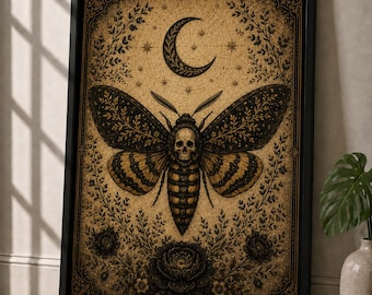 Death's Head Moth Wall Art, Dark Academia Decor, Gothic Moth Print, Victorian Gothic Celestial Art Occult Home Decor Antique Botanical Print