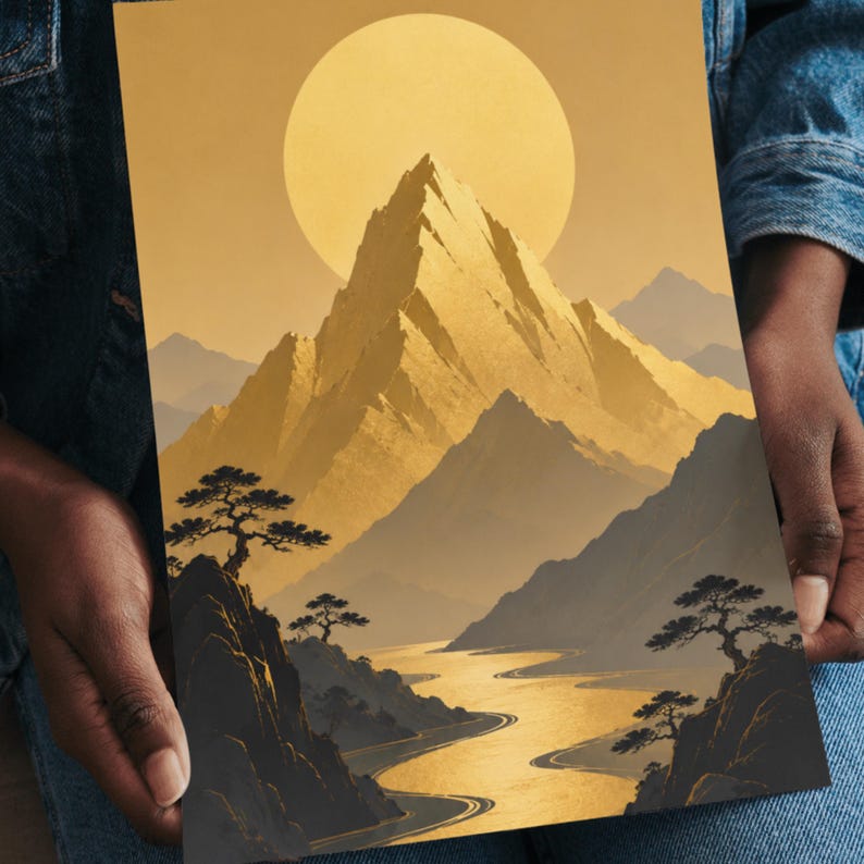 Japanese Mountain Wall Art, Gold Landscape Print, Asian Inspired Decor ...