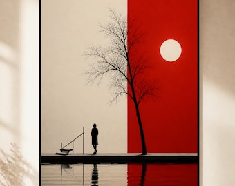Minimalist Red Wall Art Print, Modern Abstract Landscape, Japanese Inspired Zen Decor, Black and White Figure Art Abstract Art