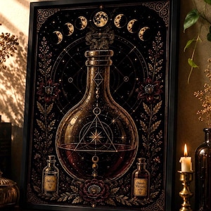 May include: A framed rectangular wall art print featuring a central glass apothecary bottle filled with dark liquid, adorned with geometric star symbols, lunar phases above, and floral motifs. Two smaller labelled bottles, Salvia and Oleum Vitrioli, sit below.