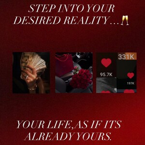 May include: A red gradient background with white text that reads "STEP INTO YOUR DESIRED REALITY..." and "YOUR LIFE, AS IF ITS ALREADY YOURS." The image includes three smaller images and social media metrics.