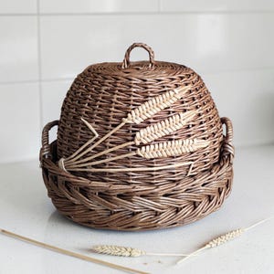 Bread Box Woven Basket With Lid Handmade Rustic Farmhouse Kitchen Storage Round