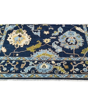 Botanical Motif | Navy Blue & Sage Green | Hand Knotted Traditional Oushak Rug | Modern Farmhouse Decor | 9x13 Living Room Rug | Quick Ship