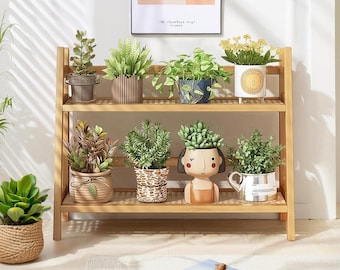 Two-Tier Wooden Shelf – Indoor Plant Stand, Kitchen Display Rack & Home Decor Organizer