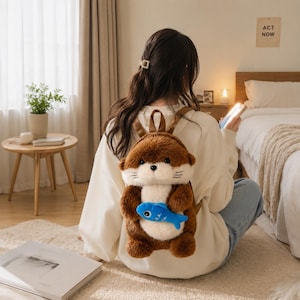 May include: A plush brown and white otter-shaped backpack featuring a small blue fish toy attached to the front. The backpack has soft, fuzzy fur, a rounded head with black eyes and whiskers, and brown shoulder straps for carrying.