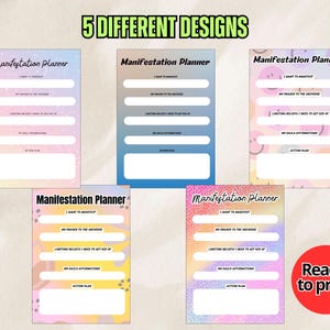 Puede incluir: Se muestran cinco diseños diferentes de un "Manifestation Planner", cada uno con una combinación de colores pastel única. Los planificadores presentan secciones para afirmaciones y planes de acción, con el texto "Ready to print" en un círculo rojo.