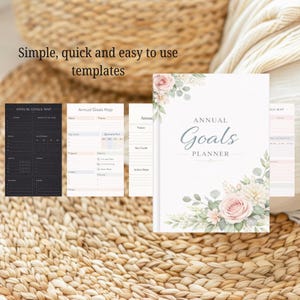 May include: A white "Annual Goals Planner" with floral accents and the text "Annual Goals Planner". The image also shows goal-setting templates, including an "Annual Goals Map". The text "Simple, quick and easy to use templates" is also visible.