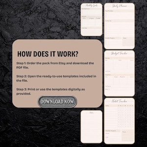 Puede incluir: Un paquete de planificador digital con plantillas para objetivos mensuales, planificación diaria, seguimiento del presupuesto y seguimiento de hábitos. La imagen incluye instrucciones sobre cómo descargar y usar el archivo PDF. El texto "DOWNLOAD NOW" es visible.