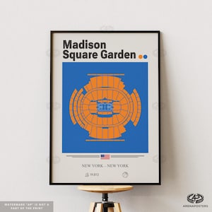 May include: A framed poster featuring a blue and orange architectural floor plan of Madison Square Garden in New York. The print includes the text Madison Square Garden, New York - New York, a small American flag icon, a capacity of 19,812, and a basketball icon.