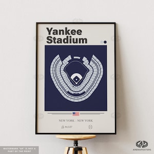 May include: A framed poster with a minimalist design of Yankee Stadium. The artwork depicts the stadium's seating arrangement in white on a navy blue backdrop. The text "Yankee Stadium" is at the top, with "NEW YORK - NEW YORK" below.