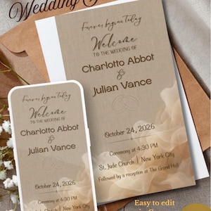 Puede incluir: Una tarjeta de invitación de boda y una plantilla de invitación móvil a juego con fondo beige y textura de tela sutil. El texto dice: Forever begins today, Welcome to the wedding of Charlotto Abbot & Julian Vance, October 24, 2026, Ceremony at 4:30 PM, St. Jude Church, New York City, Followed by a reception at The Grand Hall.