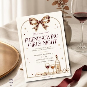Puede incluir: Una tarjeta de invitación rectangular con un gran lazo de joyas en la parte superior y un borde de perlas y gemas. El texto dice: You're invited FRIENDS GIVING GIRLS NIGHT AN EVENING OF WINE, GRATITUDE & GOOD COMPANY SATURDAY, NOVEMBER 22 6:00 PM ADDRESS OR LOCATION RSVP: INAME / PHONEI.