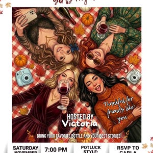 Puede incluir: Un folleto de invitación Friendsgiving Girls Night con cuatro personas sobre un mantel de cuadros rojos y blancos con vino, calabazas y hojas de otoño. Texto: Friendsgiving Girls Night, Thankful for friends like you, Hosted by Victoria, Bring your favorite bottle and your best stories, Saturday November 21 2026, 7:00 PM, Location: The Maple Grove House, Potluck style: Please bring your favorite dish to share!, RSVP to Carla by Nov 10th at 123.456.789.