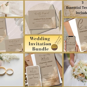 Puede incluir: Un paquete de invitaciones de boda con tres plantillas esenciales sobre un fondo beige texturizado con acentos abstractos fluidos en color crema. El texto incluye "Wedding Invitation Bundle", "3 Essential Templates Included" y "Kindly Respond" con los nombres Charlotte y Julian.