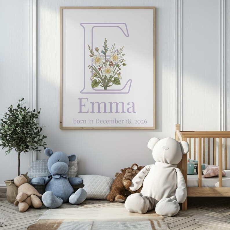 Personalized Birth Flower Name Poster, Custom Nursery Wall Art Print ...