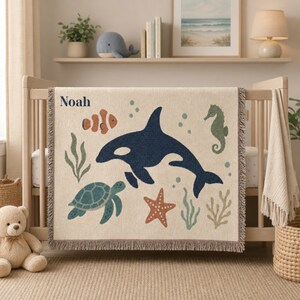 Custom Sea Creatures Baby Woven Blanket, Personalized Name Ocean Animal Nursery Throw, Orca Whale Marine Decor, Baby Shower Keepsake Gift