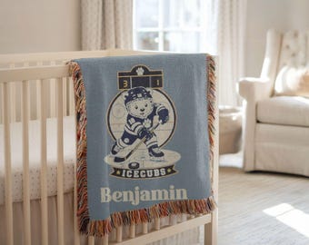 Personalized Hockey Nursery Woven Blanket, Custom Name Kids Sports Throw, Ice Hockey Baby Keepsake, Polar Bear Room Decor, Baby Shower Gift