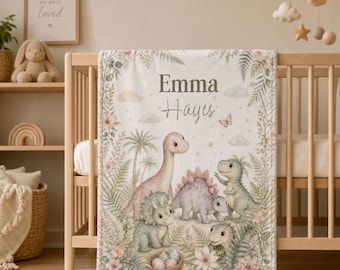 Personalized Baby Girl Dinosaur Blanket, Custom Name Floral Dino Nursery Throw, Newborn Keepsake, Toddler Girl Room Decor, Baby Shower Gift