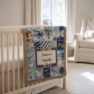 Personalisierte Flieger Kinderzimmer gewebte Decke, Patchwork-Stil Flugzeug Baby werfen, benutzerdefinierte Name Teddybär Pilot Andenken, Jungen Zimmer Dekor Geschenk