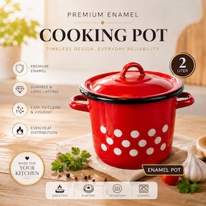 May include: A red enamel cooking pot with a black rim and white polka dots. The pot has a lid and two side handles. The text "COOKING POT" and "ENAMEL POT" are visible. The pot holds 2 litres.