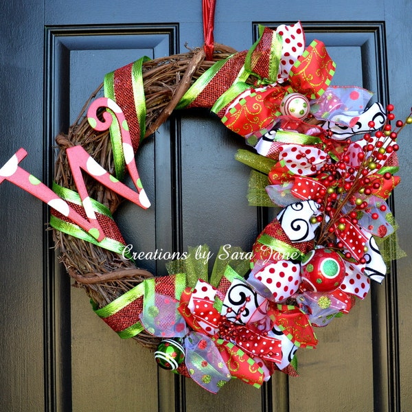 Whimsical Christmas Wreath with Monogram- Monogram Christmas Wreath- Ribbon Wreath