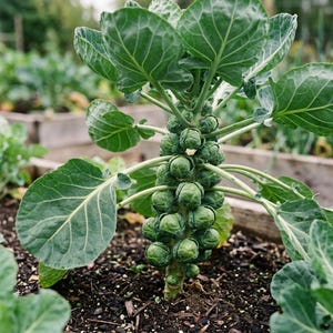 May include: A Brussels sprout plant with large, green leaves and numerous small, round sprouts growing along the stalk. The plant is in a garden bed with dark soil and other plants in the background. The image is taken outdoors.