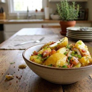 May include: A close-up shot of a bowl filled with potato salad. The salad features golden potatoes, bacon bits, green onions, and mustard seeds. The bowl is beige and sits on a wooden table. A fork and plates are in the background.