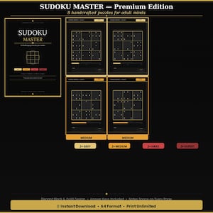 Sudoku Puzzle Book | Black Gold Design, Easy to Expert Levels (Instant Download)
