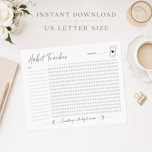 May include: A black and white habit tracker printable with the text "Habit Tracker" and "Consistency is the key to success." The US Letter size document includes a space to track habits and a section for the month.