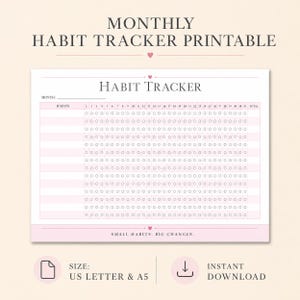 May include: A printable habit tracker with a pink and white design. The text "MONTHLY HABIT TRACKER PRINTABLE" is at the top. The tracker includes space for habits and a calendar grid. The bottom reads "SMALL HABITS. BIG CHANGES."