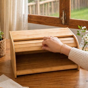 Panera grande de bambú / Organizador de encimera de cocina con tapa enrollable, almacenamiento ecológico