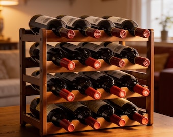 Bamboo Wine Rack, Countertop Wine Storage Organizer, Rustic Wood Display Stand