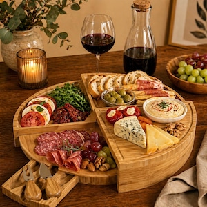 Juego de tabla de embutidos de bambú con cajón y cuchillos / Bandeja para servir quesos