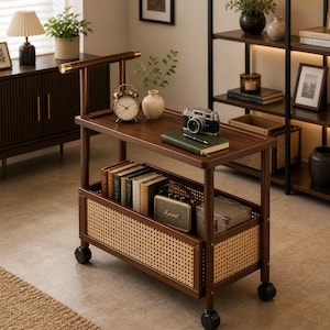 Puede incluir: Un carrito rodante marrón oscuro con dos estantes y una cesta tejida. El estante superior contiene una cámara vintage, libros y un reloj pequeño. El estante inferior tiene libros, un altavoz y una caja decorativa.
