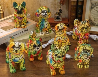 Lámpara de mesa con mosaico de resina colorida para mascotas, luz nocturna, decoración artística para el hogar, regalo para amantes de los perros