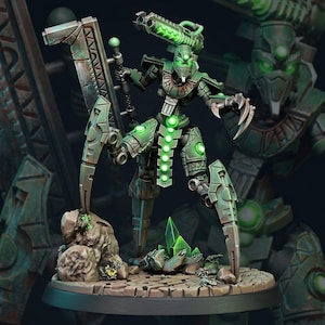 May include: A detailed miniature figure of a green robotic warrior with glowing green accents. The figure has multiple limbs, sharp claws, and is posed on a textured base with green crystals. The background features a larger, shadowy figure.
