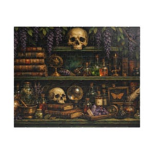 Rompecabezas de boticario místico / Rompecabezas de estilo Dark Academia / Rompecabezas de arte de estante de bruja / Rompecabezas de calavera y poción vintage / Regalo de rompecabezas para adultos
