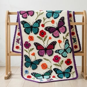 Crochet Blanket Pattern Butterfly and Poppies - Floral Afghan Digital PDF Download - Spring Home Decor - DIY Throw Blanket