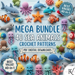 Peut inclure: Une collection d'animaux marins crochetés colorés, dont des requins, des dauphins et des poissons, disposés sur une surface en bois bleu clair. L'image contient le texte "MEGA BUNDLE 40 SEA ANIMALS CROCHET PATTERNS PDF DIGITAL DOWNLOADS".