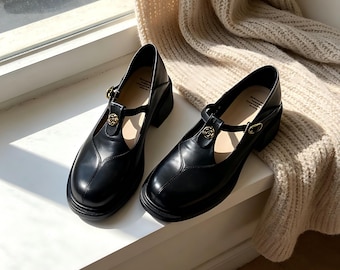 Zapatos Mary Jane de cuero genuino negro hechos a mano para mujer, tacón de bloque de 5 cm, suela suave, cómodos para el trabajo, con hebilla de rosa vintage.
