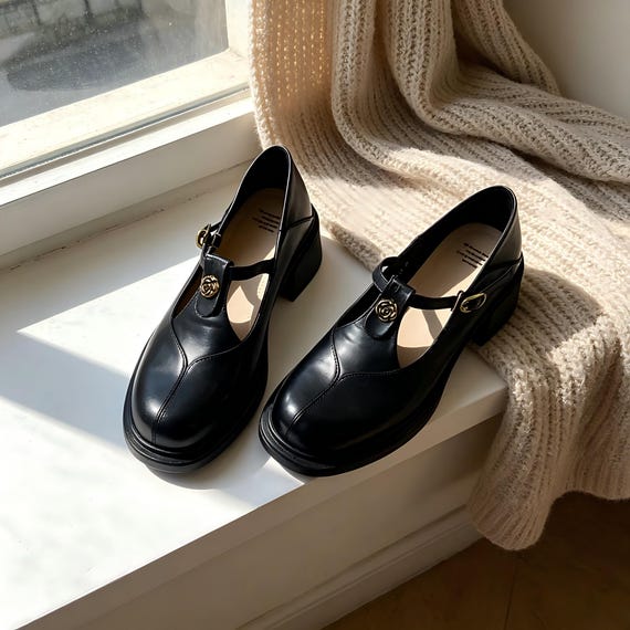 Handmade Black Genuine Leather Mary Jane Shoes for Women, 5cm Block Heel Soft Sole Comfortable Work Vintage Rose Buckle Dress Shoes