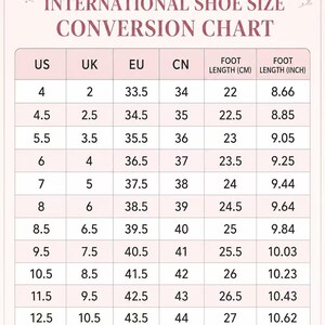 May include: An international shoe size conversion chart with a light pink background. The table displays columns for US, UK, EU, and CN sizes, alongside foot length measurements in both centimeters and inches, ranging from 22 cm to 27.5 cm.