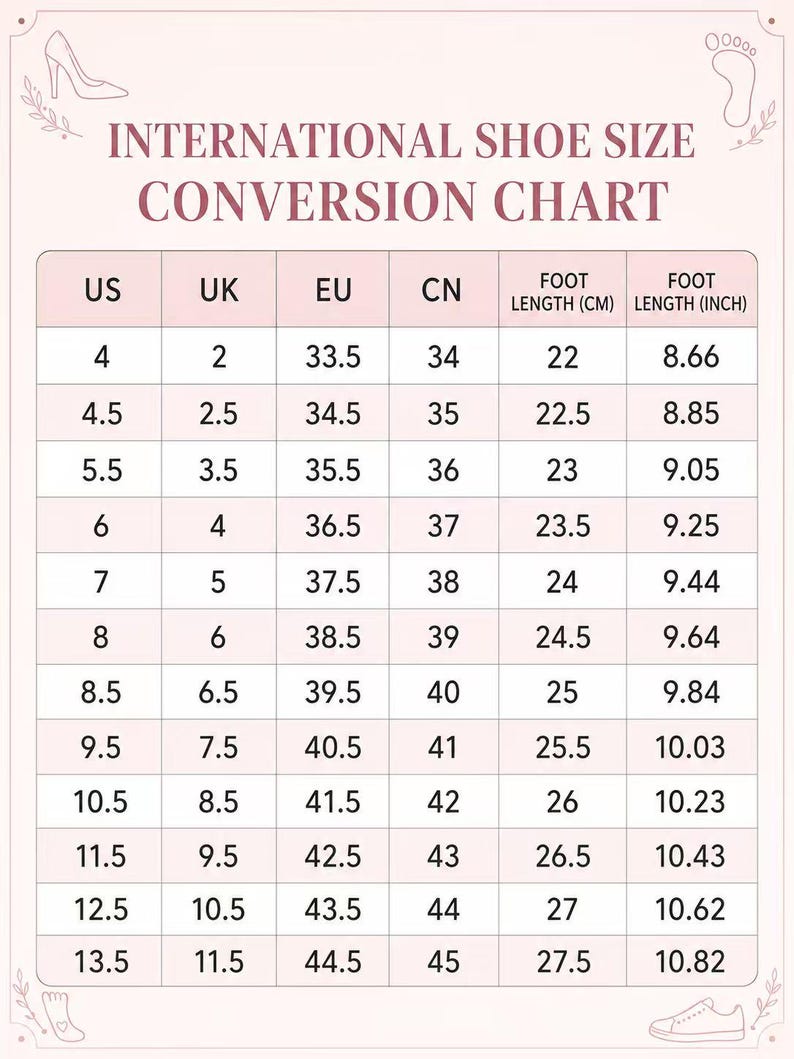 May include: An international shoe size conversion chart with a light pink background. The table displays columns for US, UK, EU, and CN sizes, alongside foot length measurements in both centimeters and inches, ranging from 22 cm to 27.5 cm.