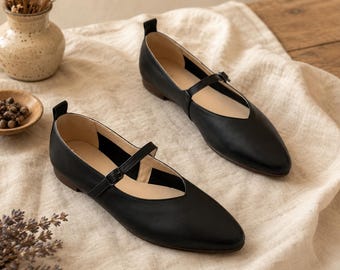 Black Leather Mary Jane Flats, Handmade Pointed Toe Shoes, Top Grain Cowhide Ballet Flats, Minimalist Womens Office Work Shoes