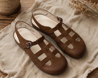 Vintage donkerbruine leren sandalen met gesloten neus, platte platte vissersschoenen Cottagecore, boho handgemaakte geweven zomerschoenen voor dames