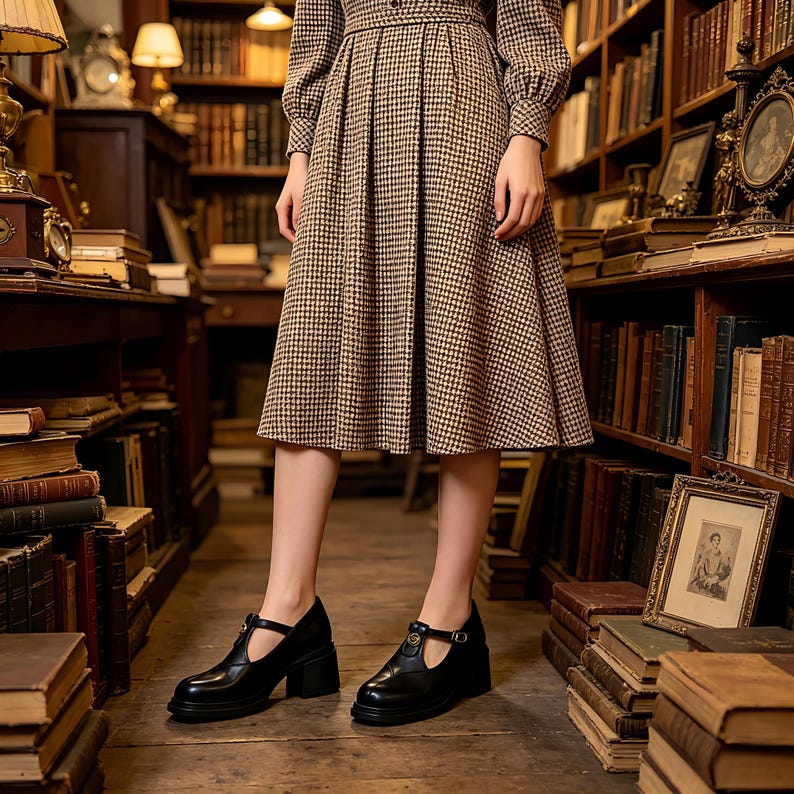 K&ouml;nnte beinhalten: Schwarze T-Steg-Schuhe aus Leder mit Blockabsatz. Die Schuhe haben einen Schnallenverschluss und eine runde Spitze. Die Schuhe werden mit einem braun-schwarz gemusterten Kleid in einer Bibliothek getragen.