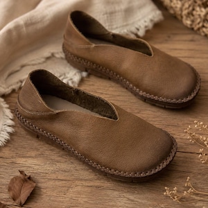 Ballerine in morbida pelle da donna, scarpe vintage fatte a mano, scarpe slip-on in vera pelle bovina, scarpe casual minimaliste e comode per ufficio e viaggi.